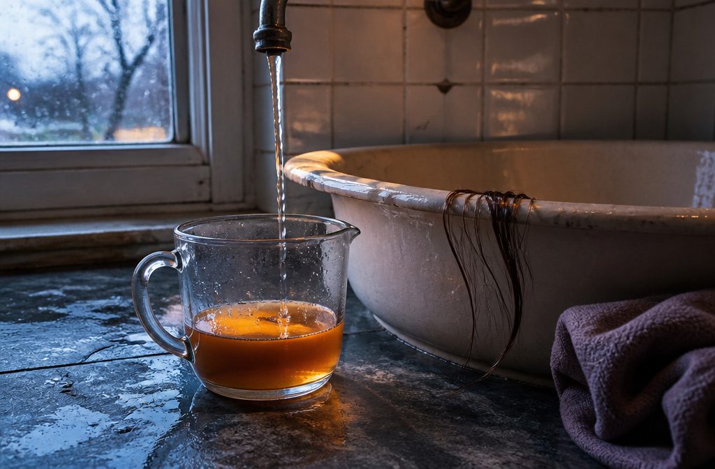 Copper-brown apple beside a glass bottle of cider vinegar on a counter
