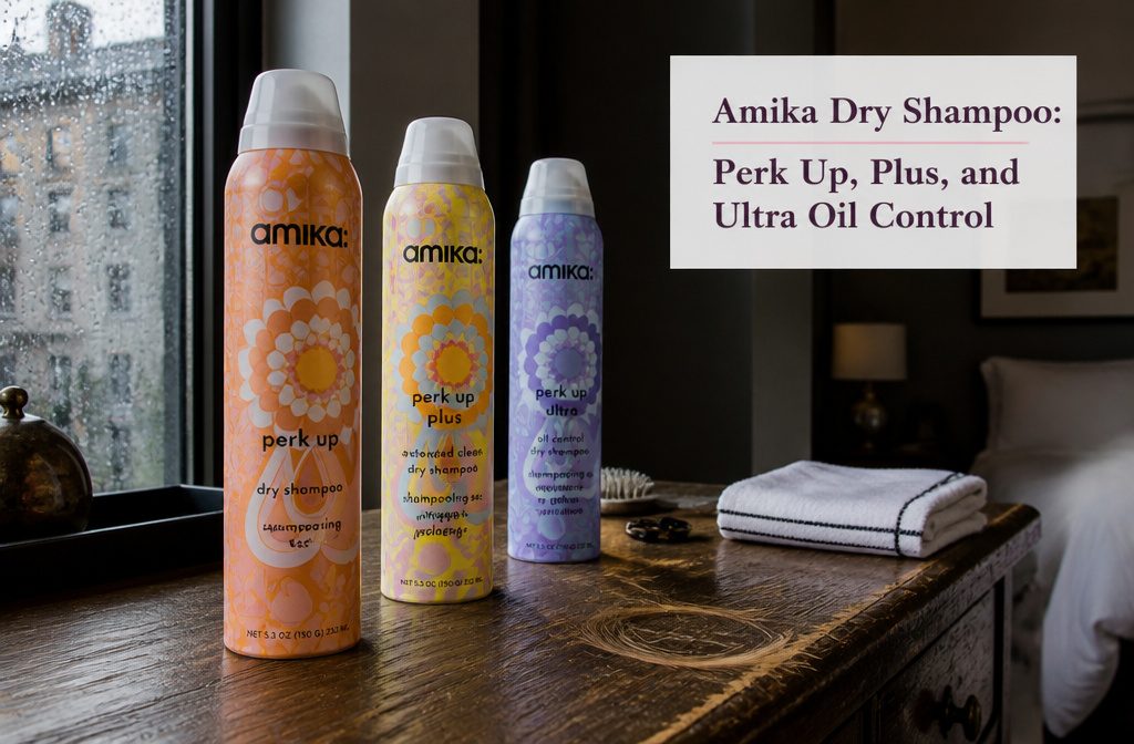 Amika dry shampoo can beside a hairbrush on a bathroom counter