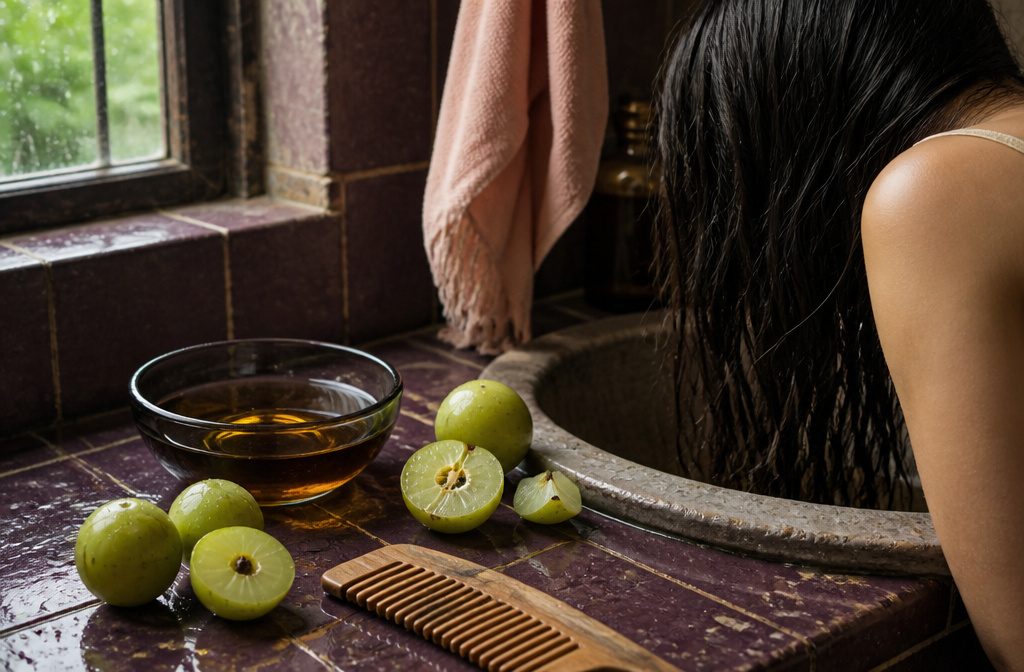 Golden amla oil beside whole and cut Indian gooseberries