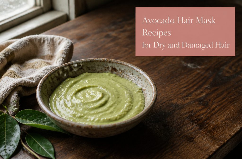 Open ripe avocado beside roughly mashed fruit in a ceramic bowl and dark curly hair