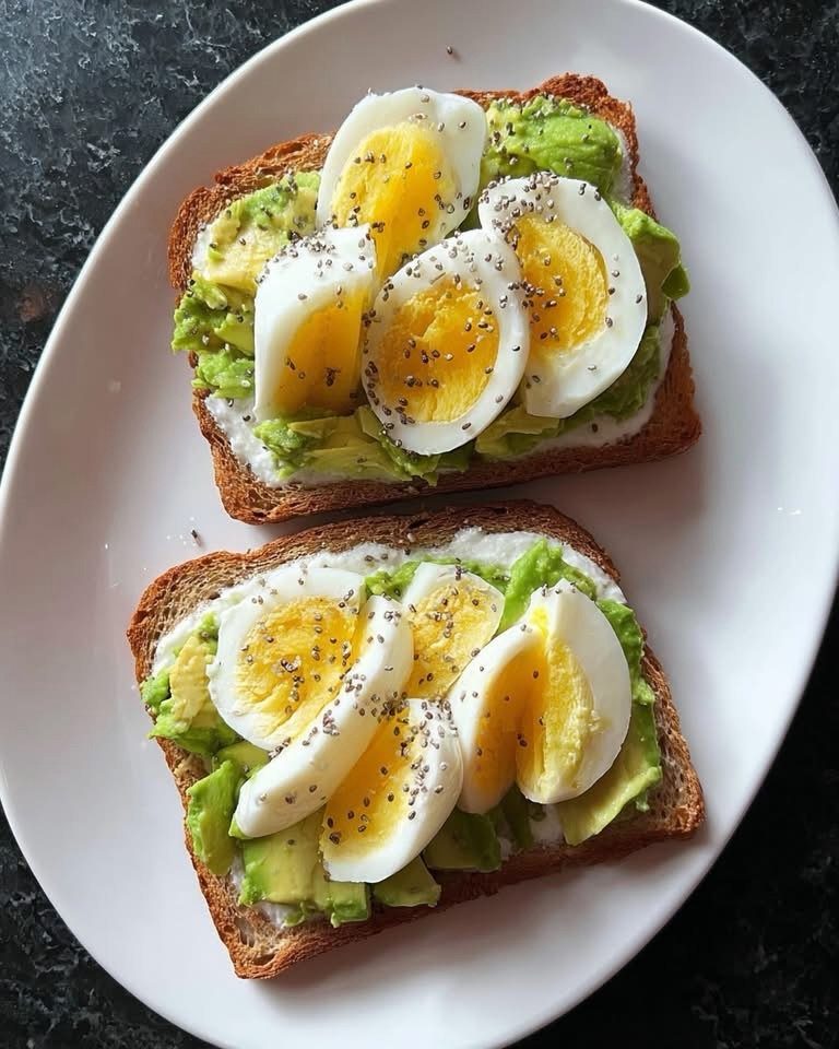 Avocado toast with sliced hard-boiled eggs and black seeds on a white plate.