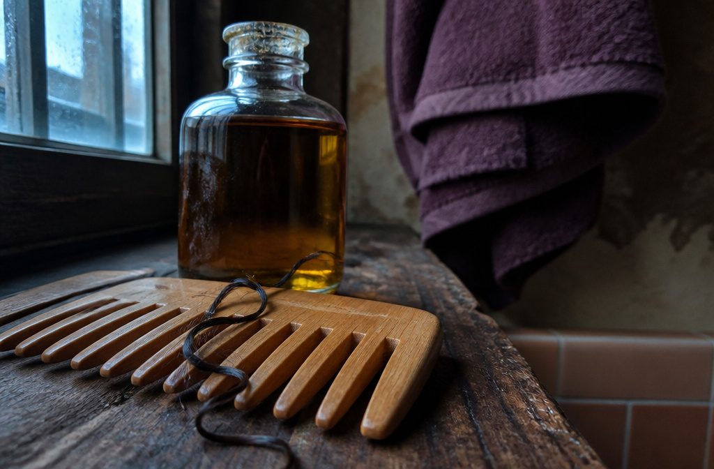 Glossy hair strands coated in thick oil on a dark salon towel beside a glass dish