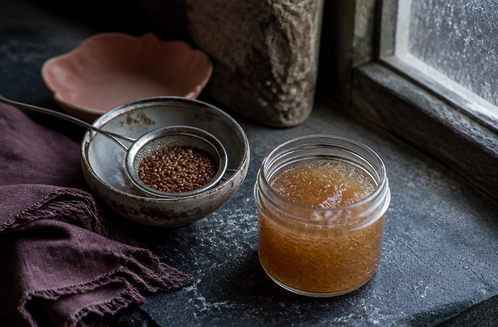 Glossy flaxseed gel clinging to a spoon above a pot