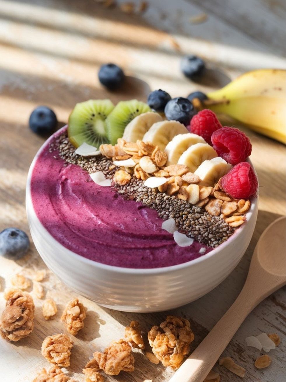Purple smoothie bowl topped with raspberries, blueberries, banana, kiwi, granola, and chia seeds.