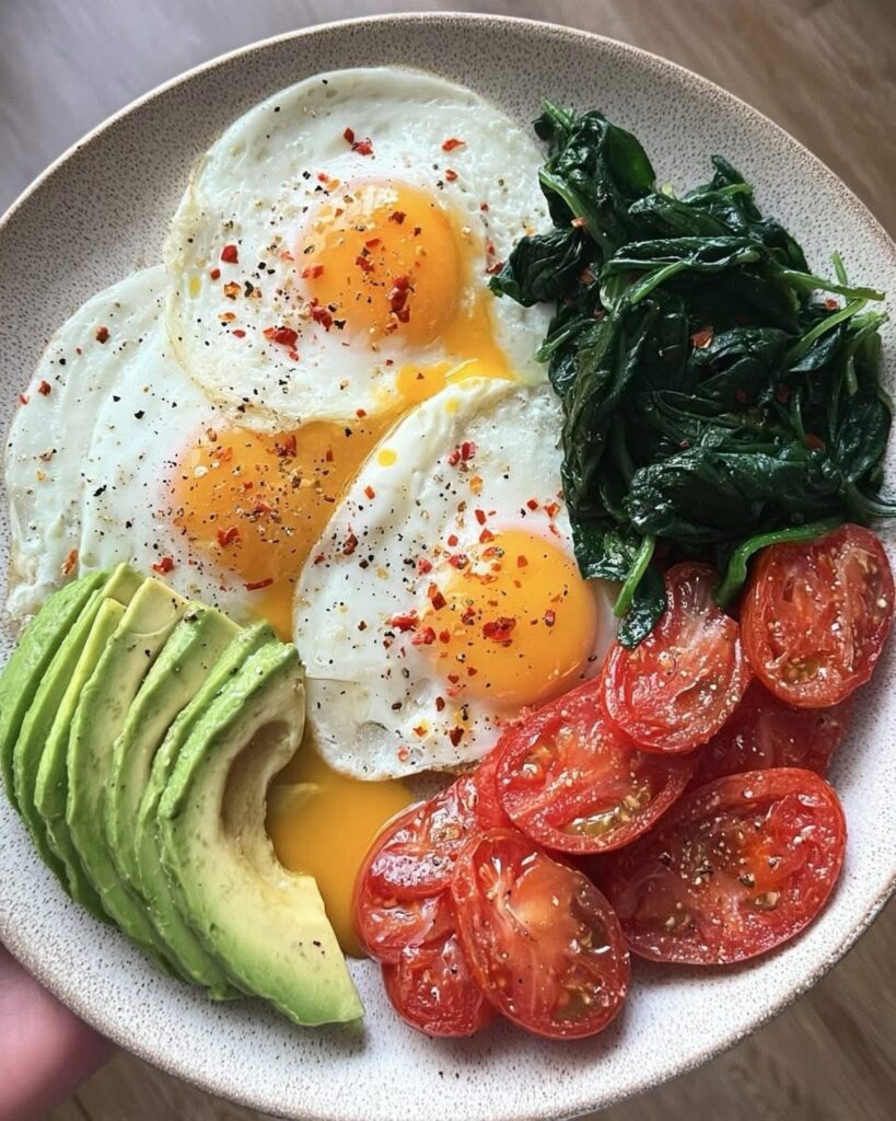 Three sunny-side-up eggs with avocado, spinach, and cherry tomatoes in a bowl.