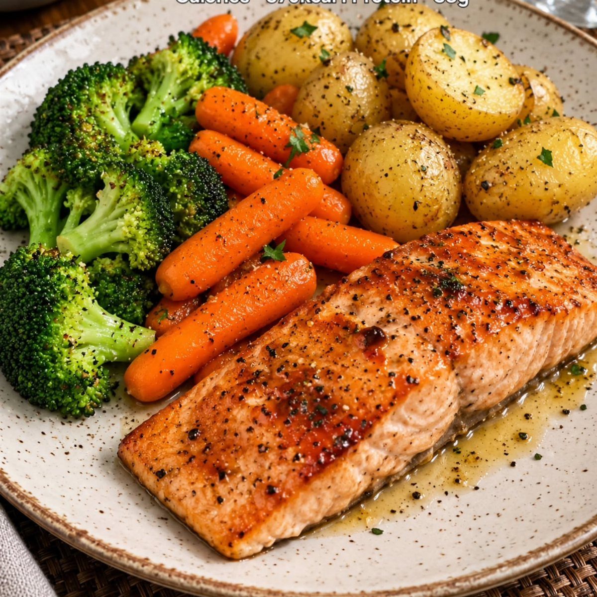 Cooked salmon fillet served with steamed broccoli, baby carrots, and roasted potatoes.