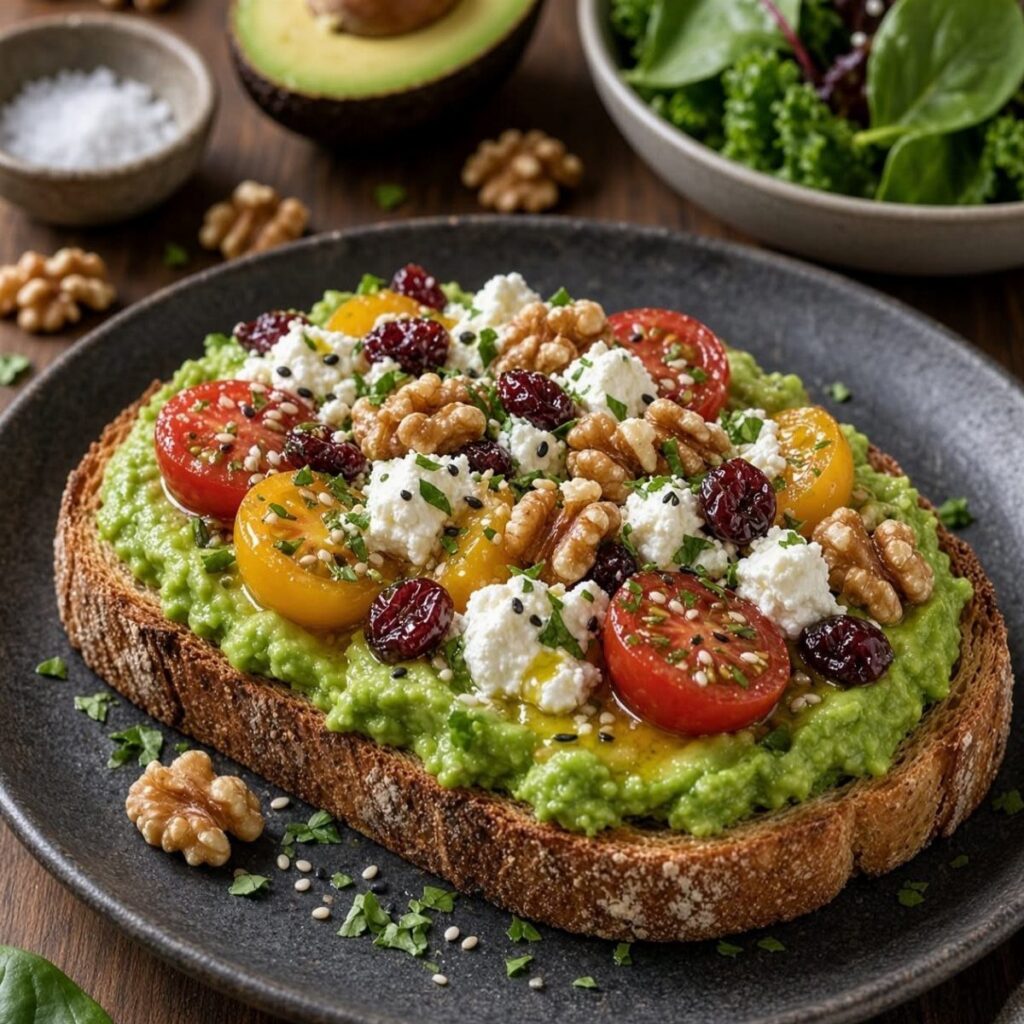 Avocado toast topped with cherry tomatoes, feta cheese, walnuts, and dried cranberries.
