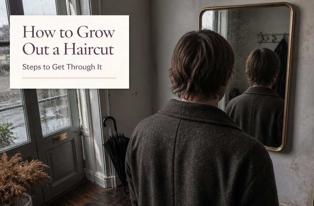 Person examining a growing haircut in a mirror