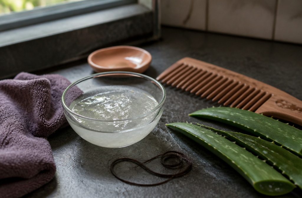 Hair mask ingredients arranged together with bowls and simple hair care tools