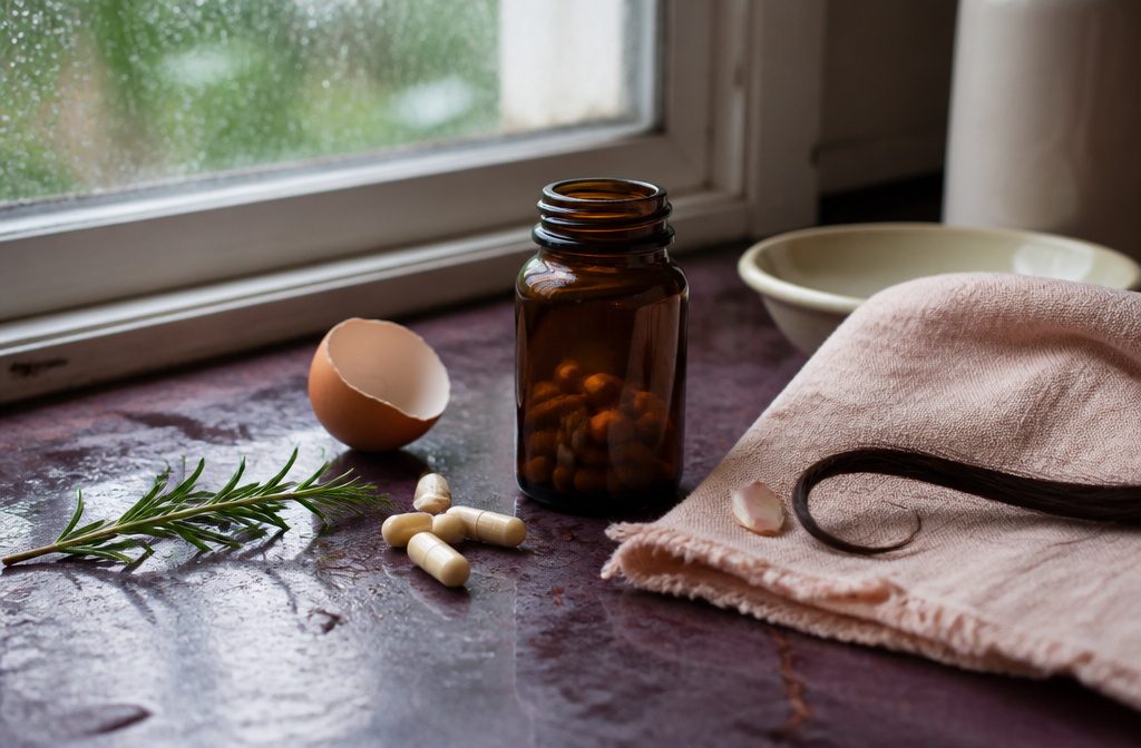 Hair skin and nail vitamin supplements arranged together