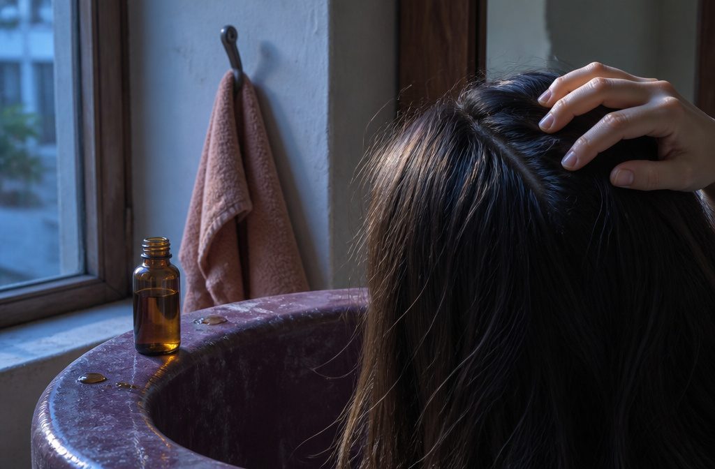 Natural hair parted at the crown with oil on the exposed scalp