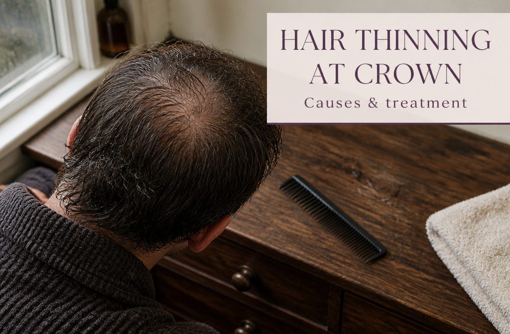 Hair thinning at the crown shown against its real surroundings