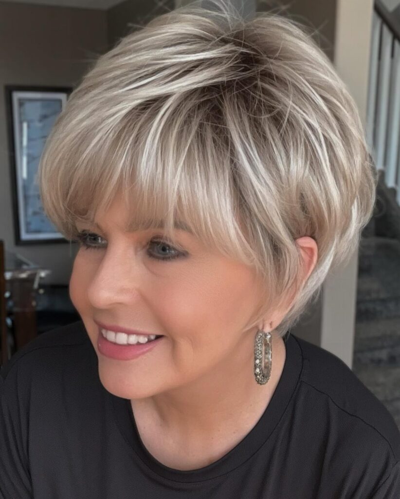 Woman with a short blonde layered haircut and bangs smiling in a room.