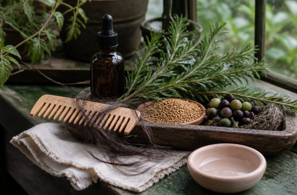 Herbal hair care ingredients arranged with oils and rinses