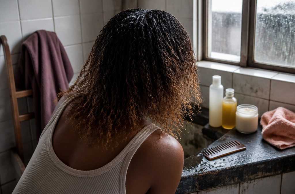 Damp naturally curly strands with raised cuticles, frizz, clinging moisture, and dry-looking ends