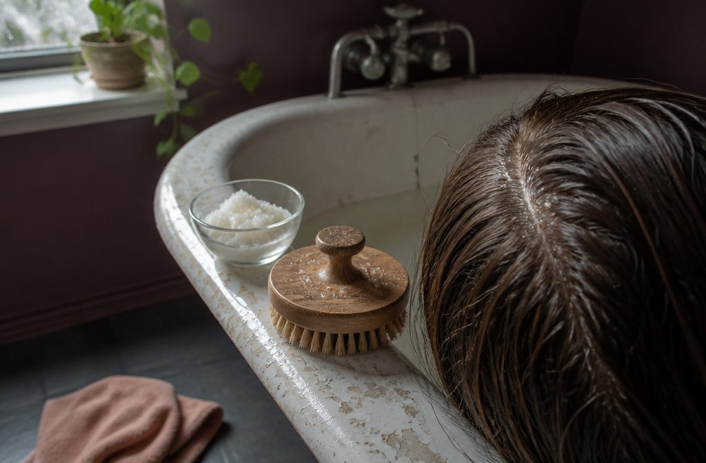Parted wet hair under a gentle stream with foam at the roots and loose flakes