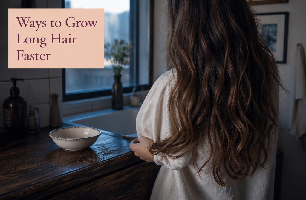 Long hair draped over a shoulder with the ends held between fingers