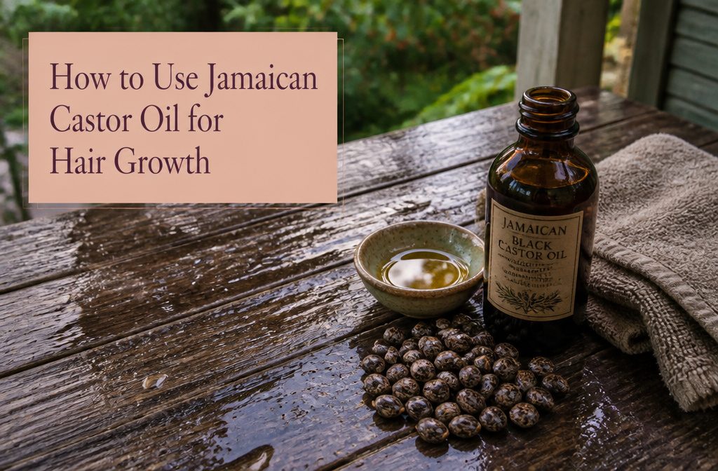 Jamaican castor oil bottle beside hair care items