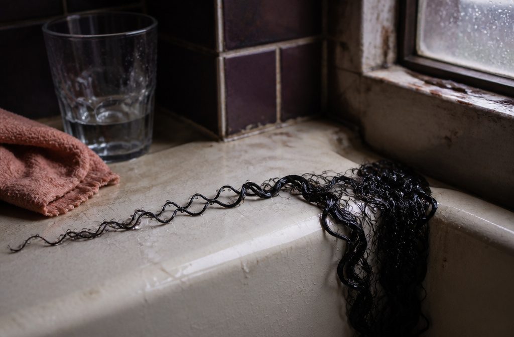 Smooth hair strands with water droplets resting on the surface
