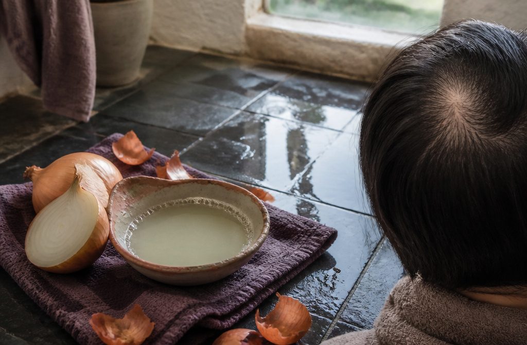Onion juice being prepared or applied as a home hair treatment