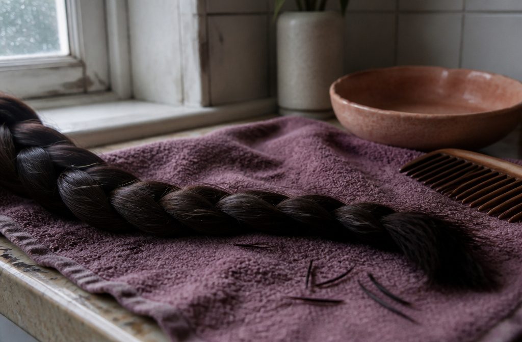 Person with long hair standing before a mirror and checking its length