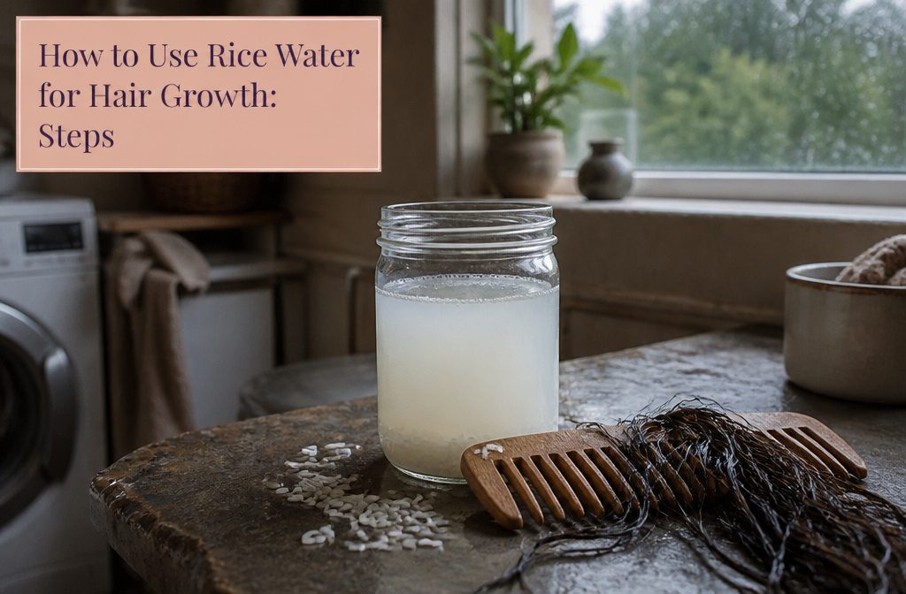 Rice water in a bowl beside hair care items