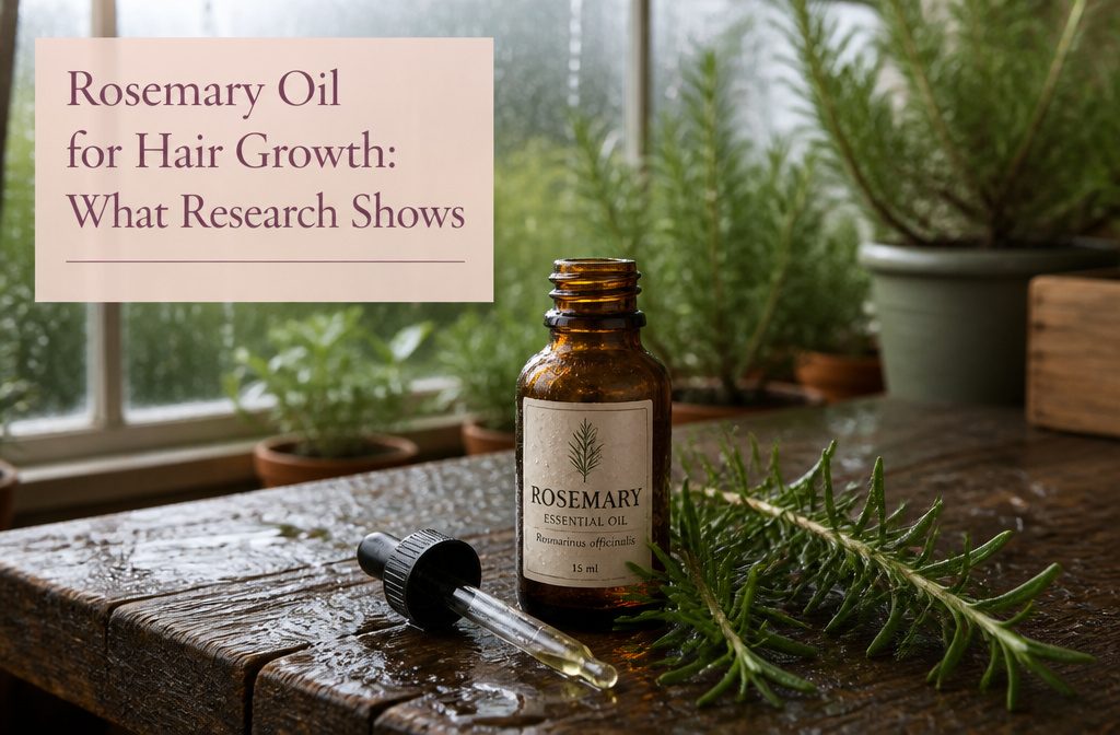 Rosemary leaves beside a small bottle of hair oil