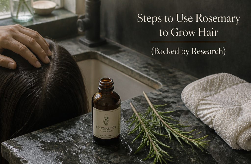 Rosemary sprigs and a glass dropper beside hair parted at the scalp
