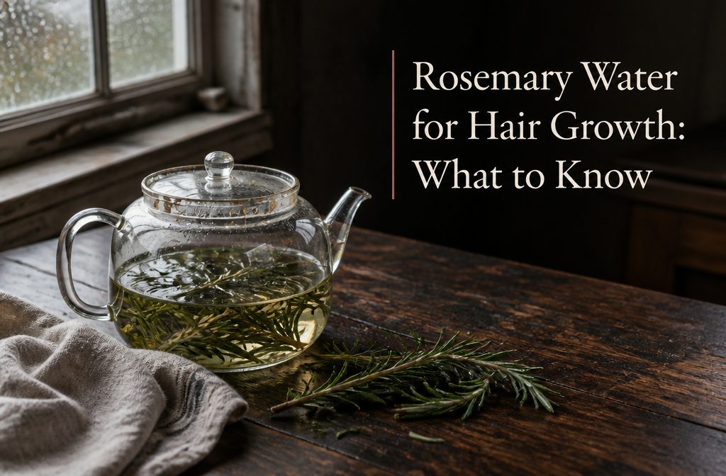 Fresh rosemary sprigs beside a clear jar of pale herbal water