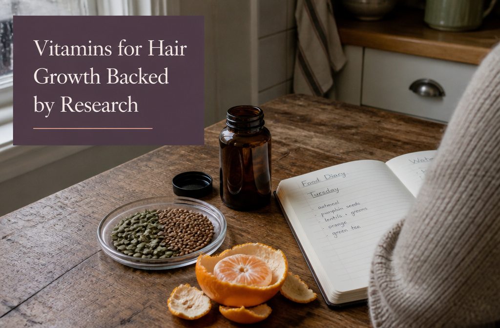 Hair care items arranged with vitamins for a hair growth article
