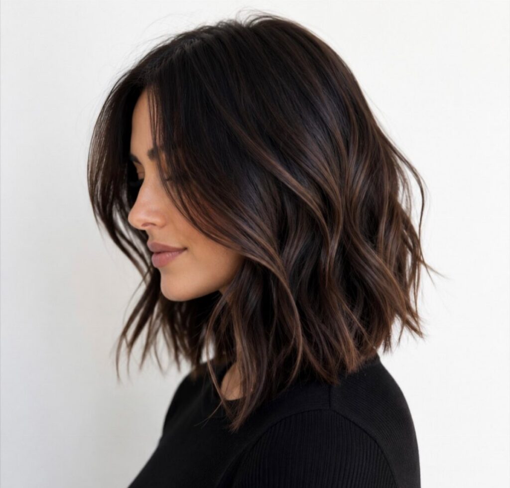Woman with dark brown wavy shoulder-length hair and face-framing layers against white background