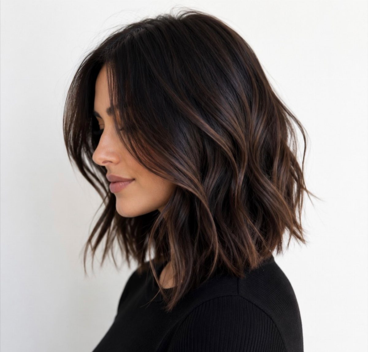 Woman with dark brown wavy shoulder-length hair and face-framing layers against white background